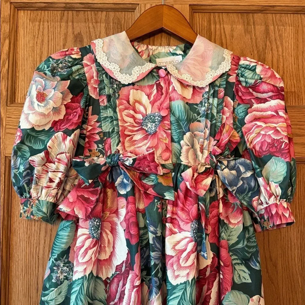 ANNE SAVOY Vintage 80s/90s Floral Cottagecore Dress Puff Sleeve Peter Pan Collar